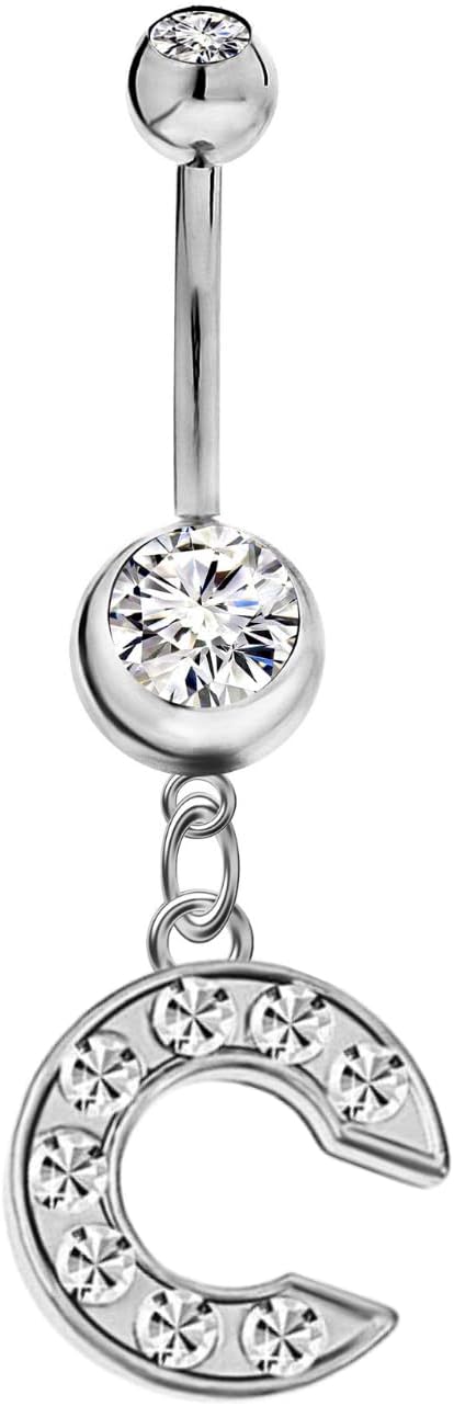 Mothers Day Gifts Initial Dangle Belly Button Rings | Embellished with CZ Crystals in Silver Letters A to Z | Ideal for Navel Piercings Belly Piercings - 我的商店我的商店我的商店