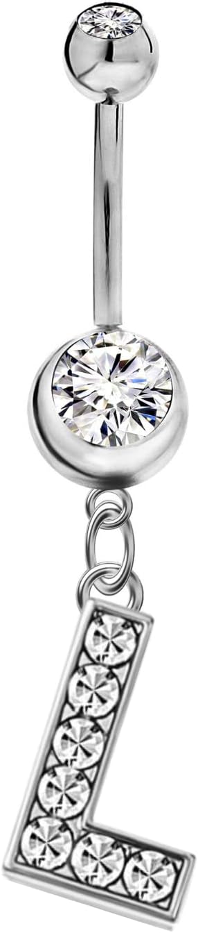 Mothers Day Gifts Initial Dangle Belly Button Rings | Embellished with CZ Crystals in Silver Letters A to Z | Ideal for Navel Piercings Belly Piercings - 我的商店我的商店我的商店