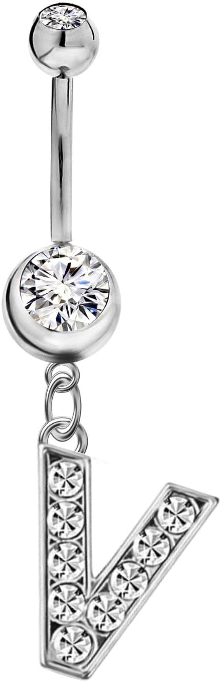 Mothers Day Gifts Initial Dangle Belly Button Rings | Embellished with CZ Crystals in Silver Letters A to Z | Ideal for Navel Piercings Belly Piercings - 我的商店我的商店我的商店