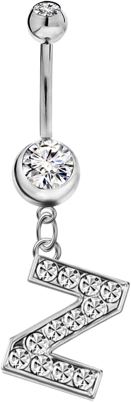 Mothers Day Gifts Initial Dangle Belly Button Rings | Embellished with CZ Crystals in Silver Letters A to Z | Ideal for Navel Piercings Belly Piercings - 我的商店我的商店我的商店