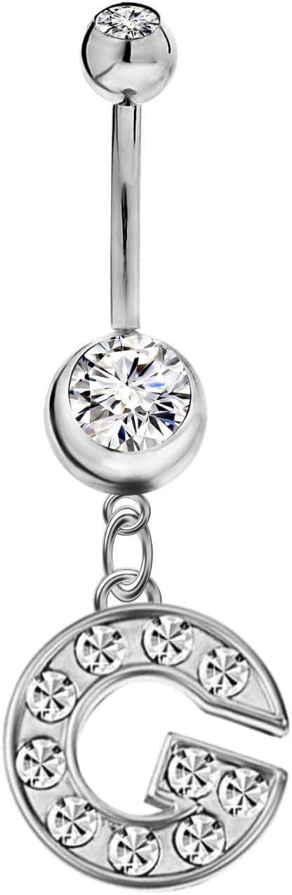 Mothers Day Gifts Initial Dangle Belly Button Rings | Embellished with CZ Crystals in Silver Letters A to Z | Ideal for Navel Piercings Belly Piercings - 我的商店我的商店我的商店
