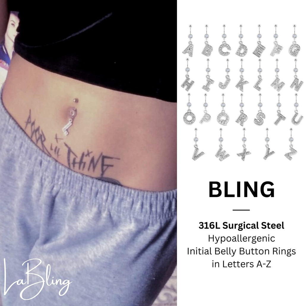 Mothers Day Gifts Initial Dangle Belly Button Rings | Embellished with CZ Crystals in Silver Letters A to Z | Ideal for Navel Piercings Belly Piercings - 我的商店我的商店我的商店
