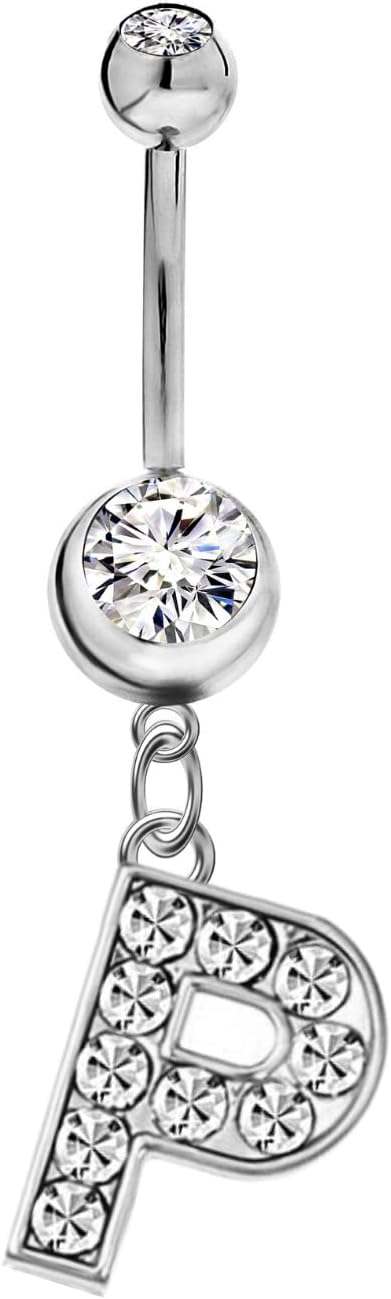 Mothers Day Gifts Initial Dangle Belly Button Rings | Embellished with CZ Crystals in Silver Letters A to Z | Ideal for Navel Piercings Belly Piercings - 我的商店我的商店我的商店