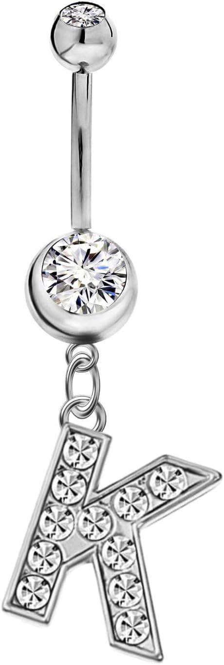 Mothers Day Gifts Initial Dangle Belly Button Rings | Embellished with CZ Crystals in Silver Letters A to Z | Ideal for Navel Piercings Belly Piercings - 我的商店我的商店我的商店