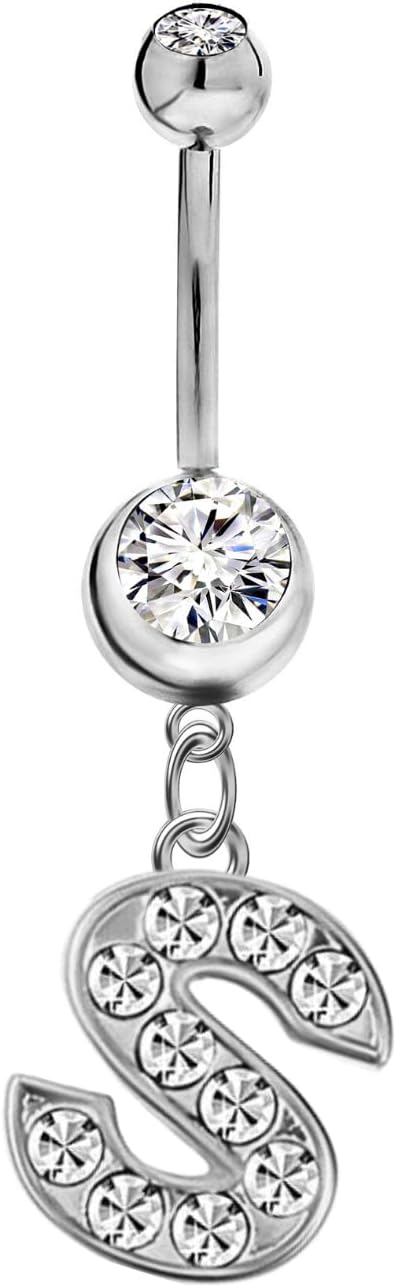 Mothers Day Gifts Initial Dangle Belly Button Rings | Embellished with CZ Crystals in Silver Letters A to Z | Ideal for Navel Piercings Belly Piercings - 我的商店我的商店我的商店