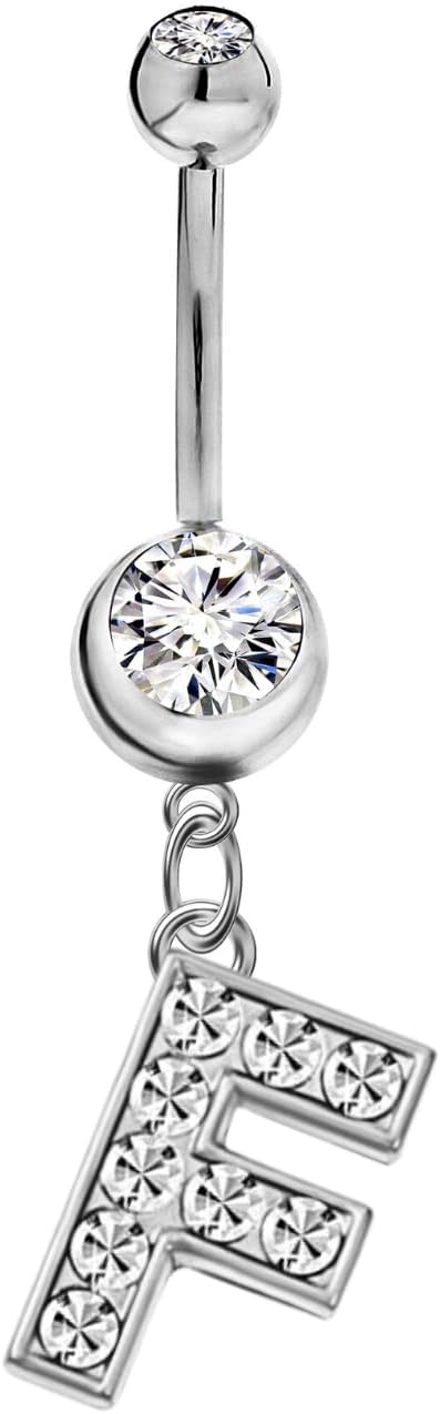 Mothers Day Gifts Initial Dangle Belly Button Rings | Embellished with CZ Crystals in Silver Letters A to Z | Ideal for Navel Piercings Belly Piercings - 我的商店我的商店我的商店