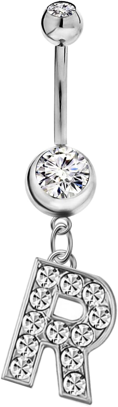 Mothers Day Gifts Initial Dangle Belly Button Rings | Embellished with CZ Crystals in Silver Letters A to Z | Ideal for Navel Piercings Belly Piercings - 我的商店我的商店我的商店