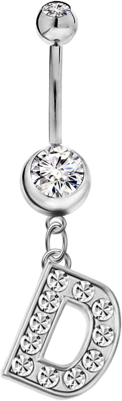 Mothers Day Gifts Initial Dangle Belly Button Rings | Embellished with CZ Crystals in Silver Letters A to Z | Ideal for Navel Piercings Belly Piercings - 我的商店我的商店我的商店