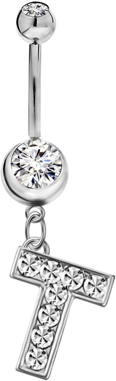 Mothers Day Gifts Initial Dangle Belly Button Rings | Embellished with CZ Crystals in Silver Letters A to Z | Ideal for Navel Piercings Belly Piercings - 我的商店我的商店我的商店