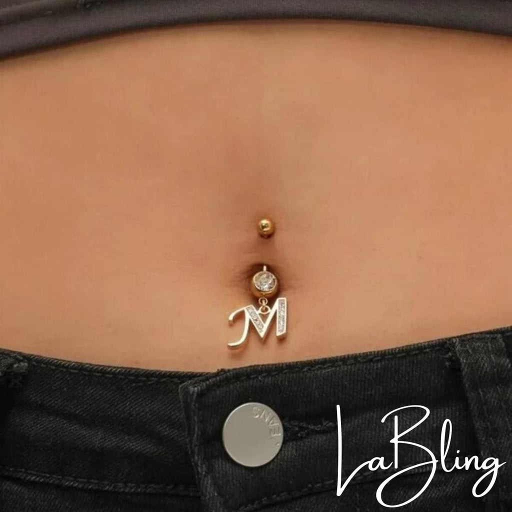 Mothers Day Gifts Initial Dangle Belly Button Rings | Embellished with CZ Crystals in Silver Letters A to Z | Ideal for Navel Piercings Belly Piercings - 我的商店我的商店我的商店