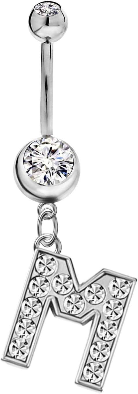 Mothers Day Gifts Initial Dangle Belly Button Rings | Embellished with CZ Crystals in Silver Letters A to Z | Ideal for Navel Piercings Belly Piercings - 我的商店我的商店我的商店