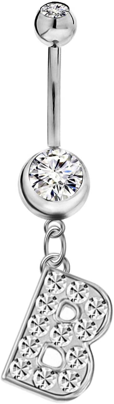 Mothers Day Gifts Initial Dangle Belly Button Rings | Embellished with CZ Crystals in Silver Letters A to Z | Ideal for Navel Piercings Belly Piercings - 我的商店我的商店我的商店