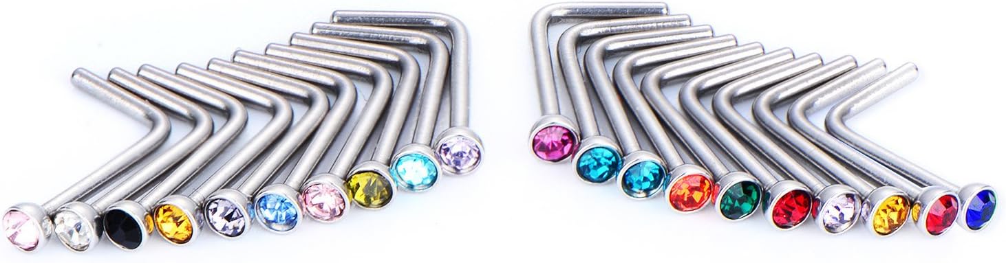 Mudder 20 Pieces Curved Nose Stud Stainless Steel Nose Ring Crystals L Bend Nose Screw Piercing, 20 Gauge (15 Colors) - QIAO CrystalQIAO CrystalQIAO Crystal
