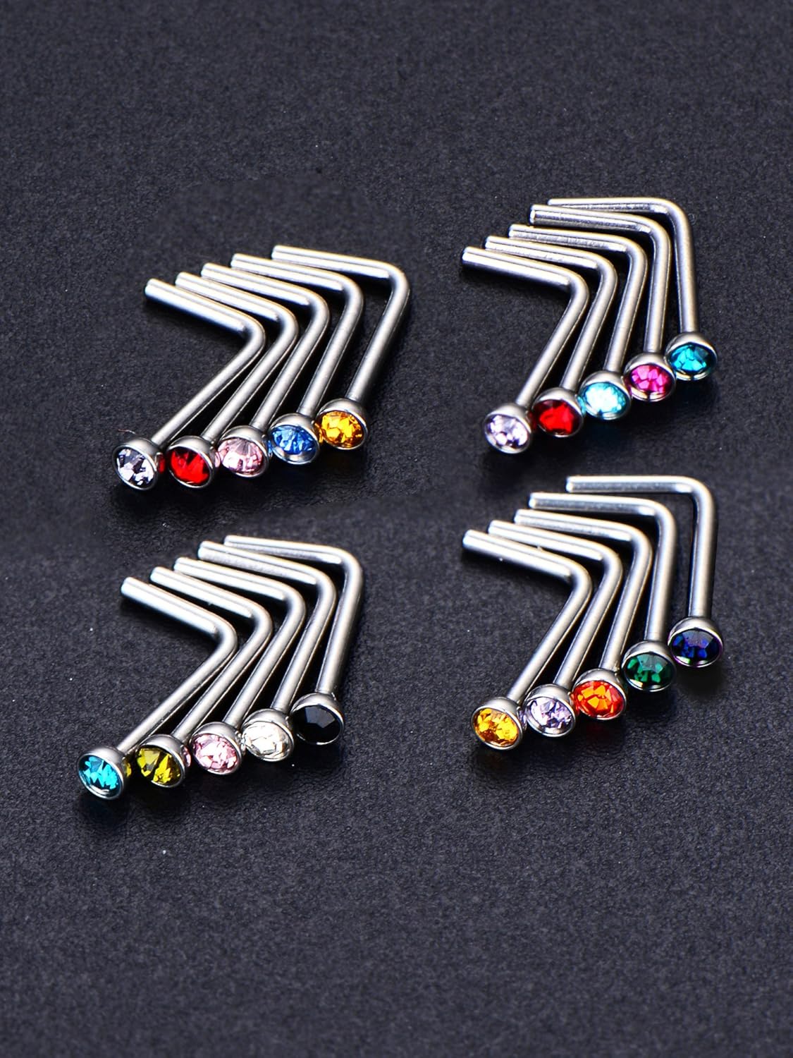 Mudder 20 Pieces Curved Nose Stud Stainless Steel Nose Ring Crystals L Bend Nose Screw Piercing, 20 Gauge (15 Colors) - QIAO CrystalQIAO CrystalQIAO Crystal
