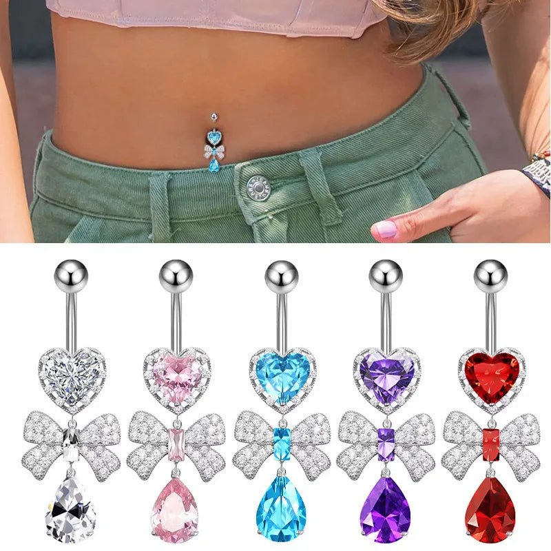 New 316L Stainless Steel Umbilical Ring Peach Heart Zircon 10mm Sexy Nail Body Jewelry Piercing Bow Design Abdominal Piercing - QIAO CrystalQIAO CrystalQIAO Crystal