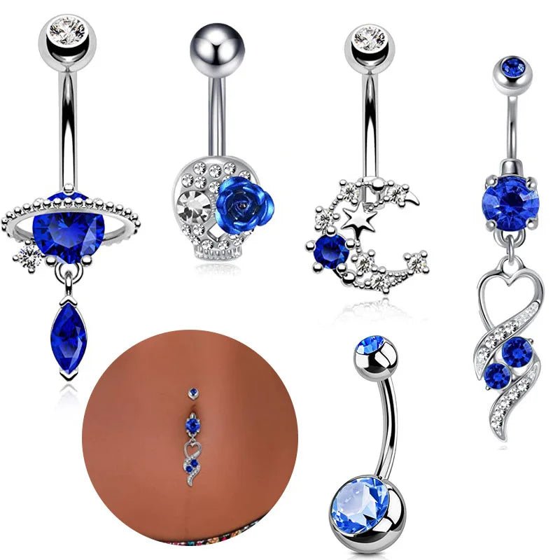 New 5 - piece set, simple moon water drop design 316L stainless steel umbilical ring set, blue planet zircon perforated nail buckle for children - QIAO CrystalQIAO CrystalQIAO Crystal
