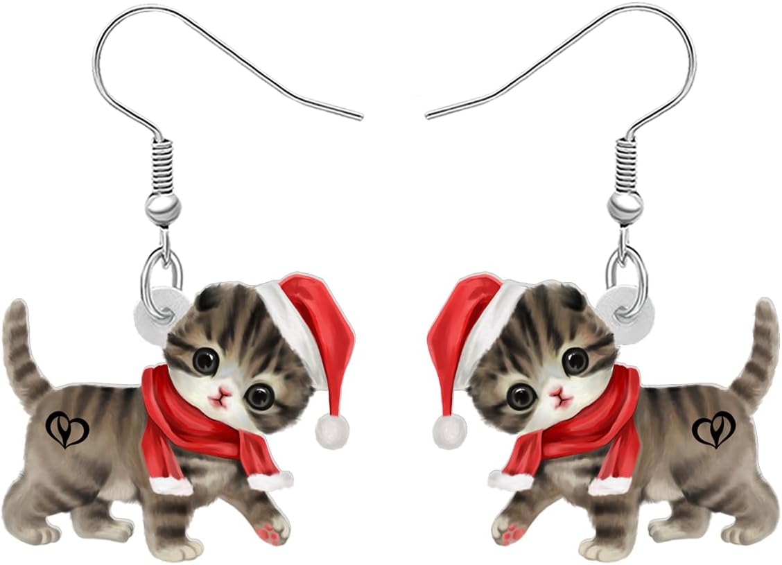 NEWEI Cute Christmas Cat Earrings Dangle Drop for Women Charm Decoration Gifts - QIAO Crystal我的商店QIAO Crystal