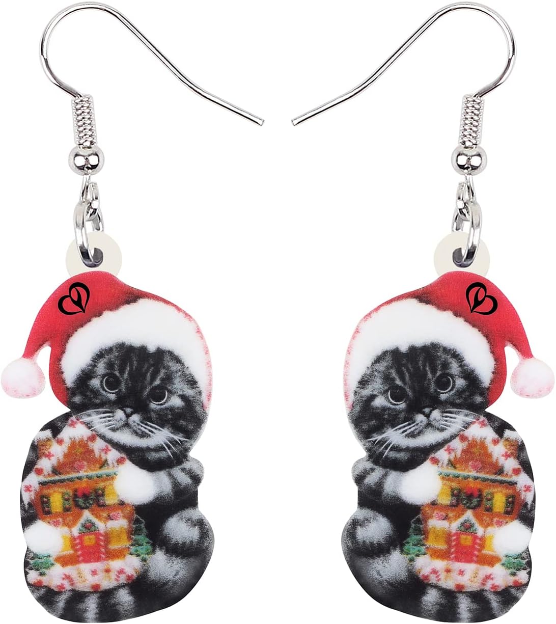 NEWEI Cute Christmas Cat Earrings Dangle Drop for Women Charm Decoration Gifts - QIAO Crystal我的商店QIAO Crystal