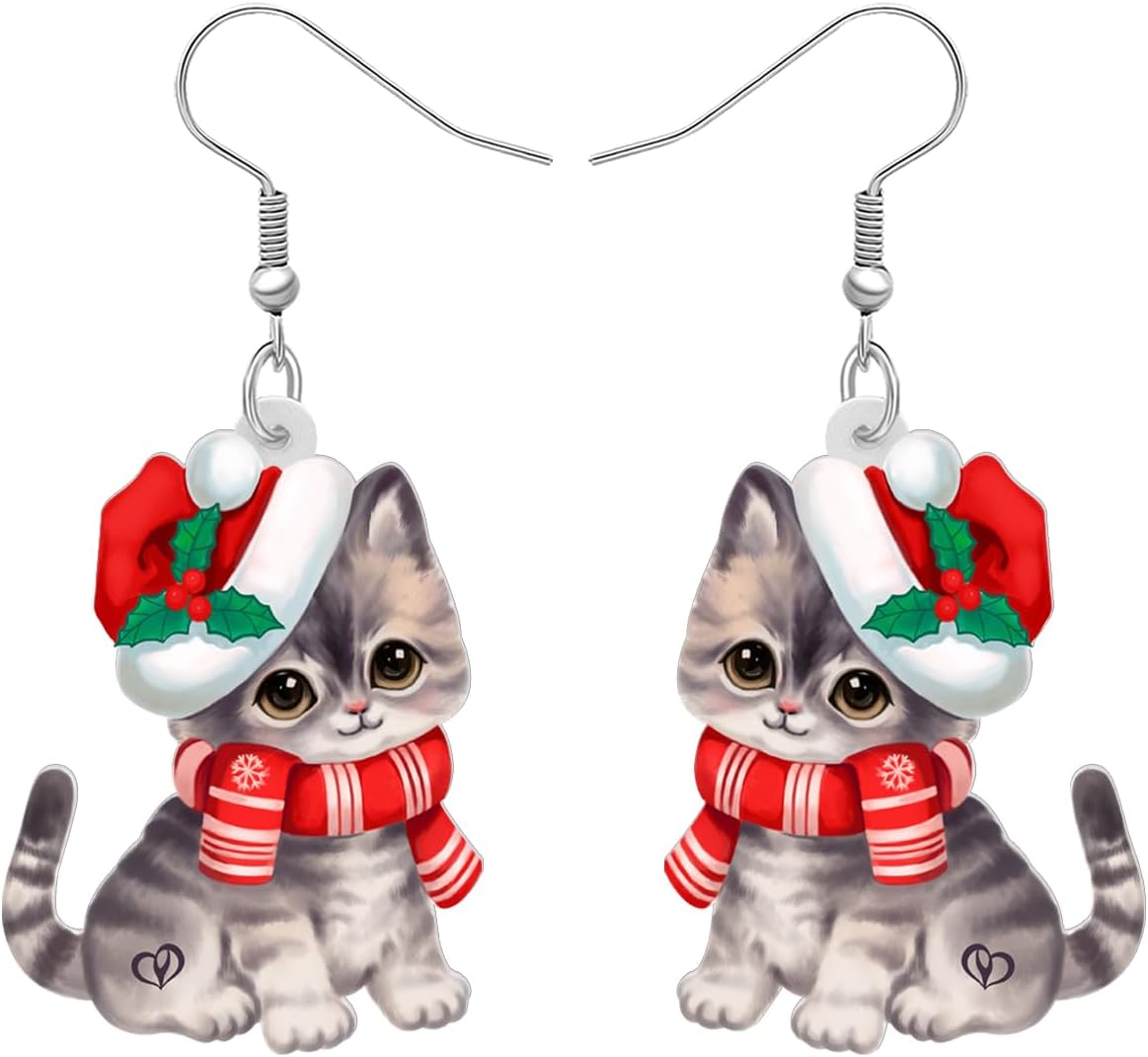 NEWEI Cute Christmas Cat Earrings Dangle Drop for Women Charm Decoration Gifts - QIAO Crystal我的商店QIAO Crystal