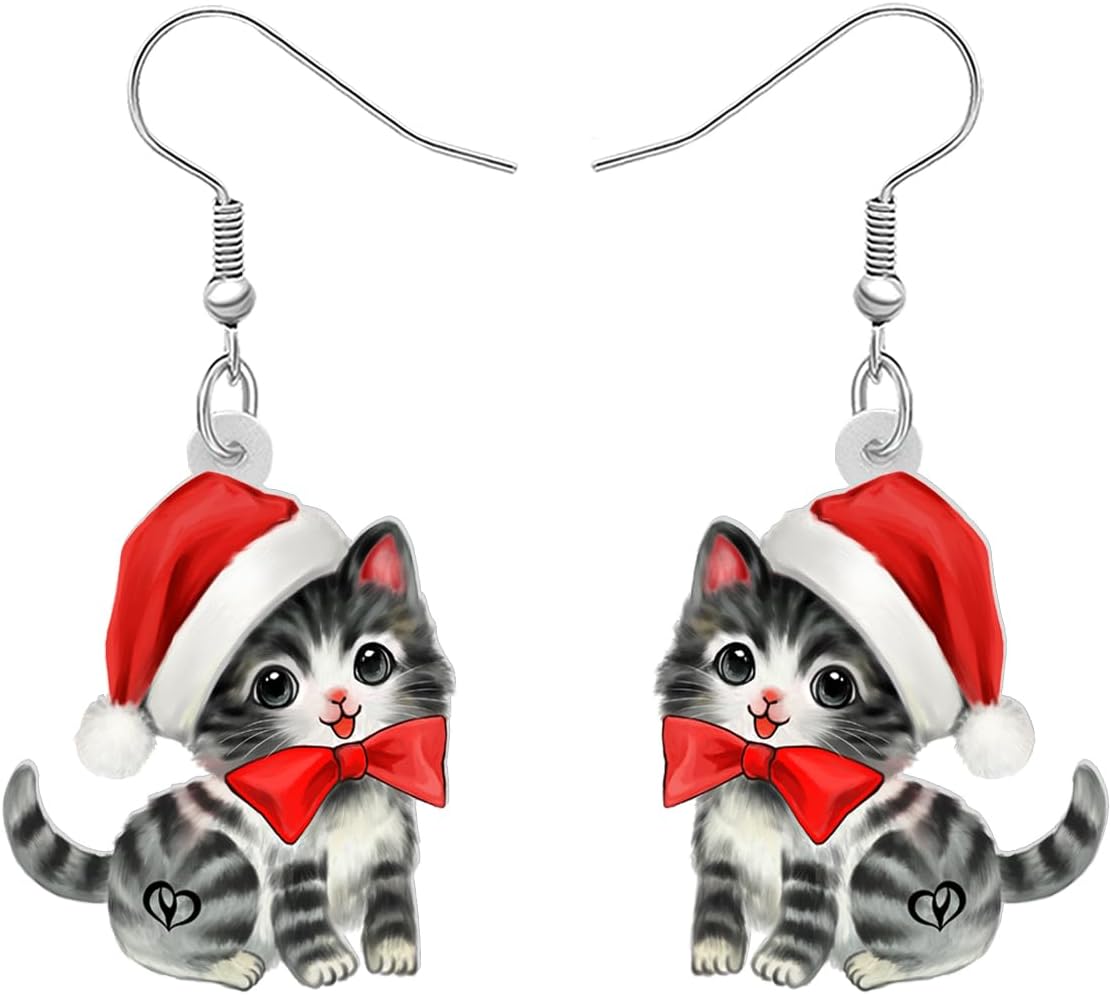 NEWEI Cute Christmas Cat Earrings Dangle Drop for Women Charm Decoration Gifts - QIAO Crystal我的商店QIAO Crystal