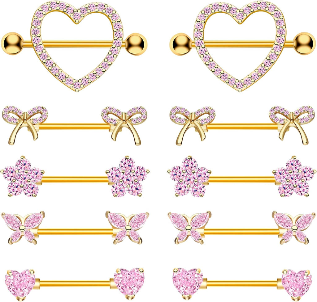Nipple Piercing Jewelry 14G Stainless Steel Nipple Rings Heart Butterfly Flower Bow Nipple Barbells - 我的商店我的商店我的商店