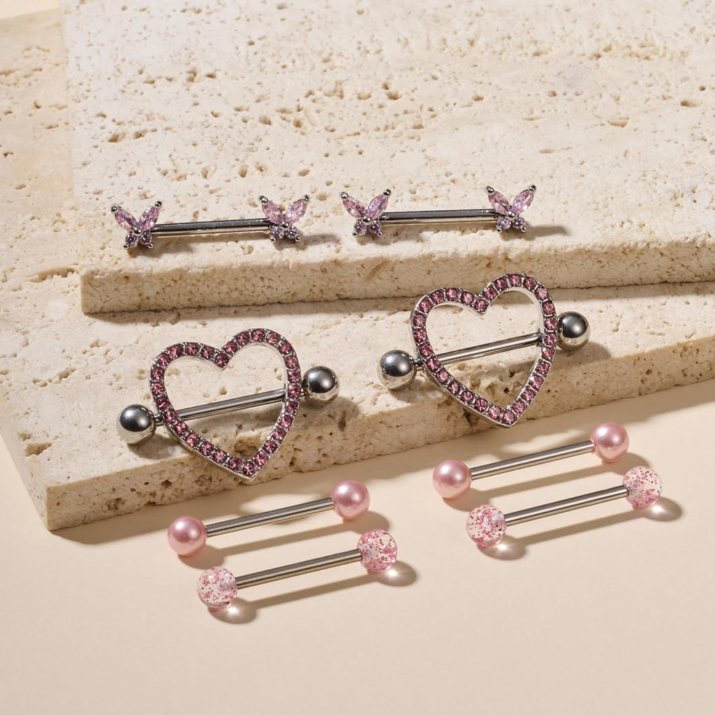 Nipple Piercing Jewelry Nipple Rings Surgical Steel 14 Gauge Nipple Piercing Nipple Jewelry 316L Stainless Steel Heart Cherry Nipple Barbell CZ Cute Nipple Rings Set - QIAO CrystalQIAO CrystalQIAO Crystal
