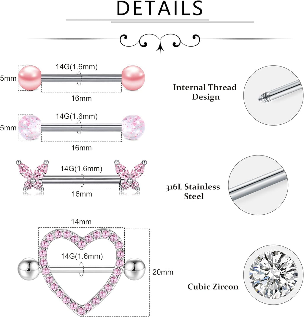 Nipple Piercing Jewelry Nipple Rings Surgical Steel 14 Gauge Nipple Piercing Nipple Jewelry 316L Stainless Steel Heart Cherry Nipple Barbell CZ Cute Nipple Rings Set - QIAO CrystalQIAO CrystalQIAO Crystal