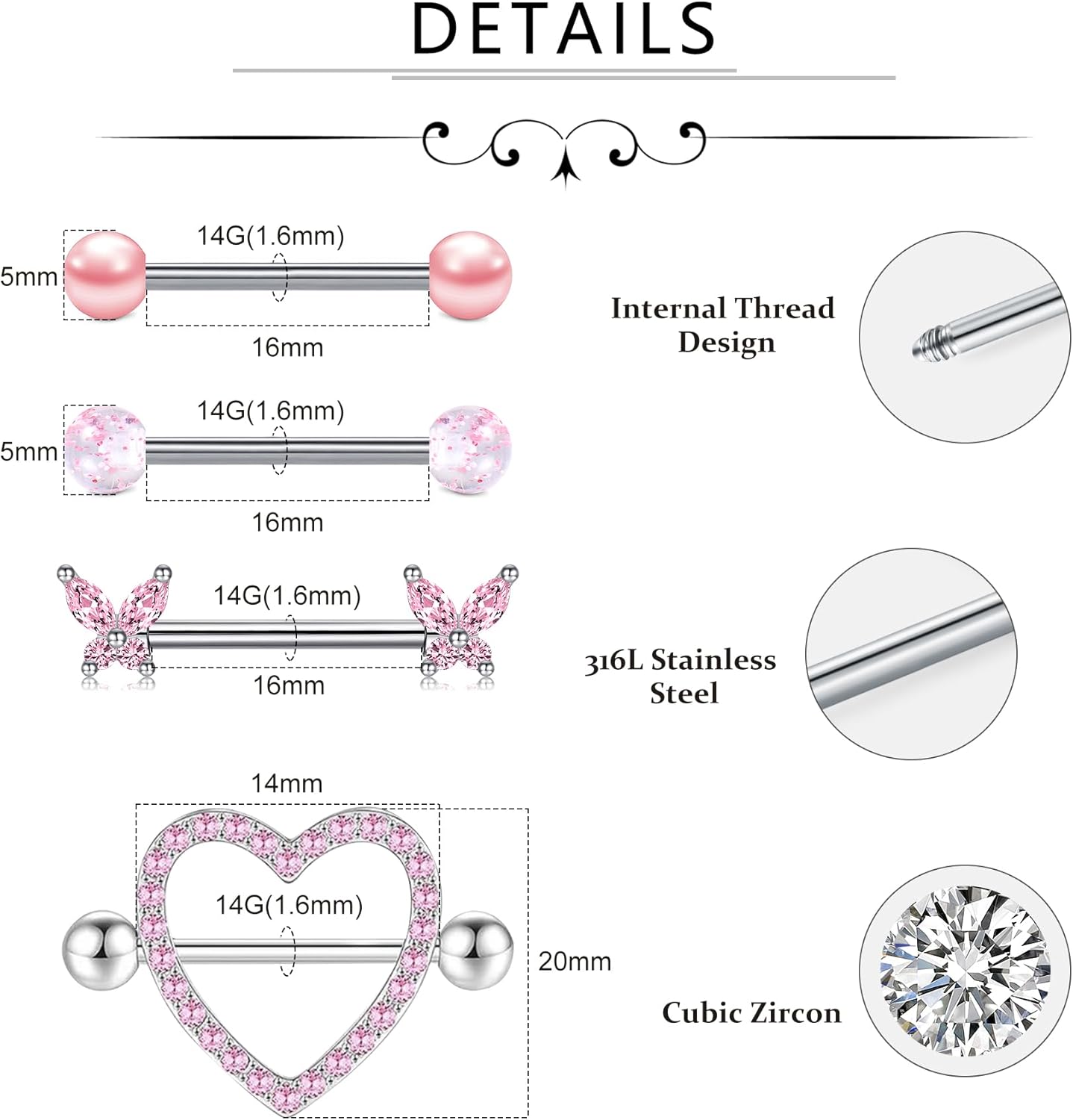 Nipple Piercing Jewelry Nipple Rings Surgical Steel 14 Gauge Nipple Piercing Nipple Jewelry 316L Stainless Steel Heart Cherry Nipple Barbell CZ Cute Nipple Rings Set - QIAO CrystalQIAO CrystalQIAO Crystal