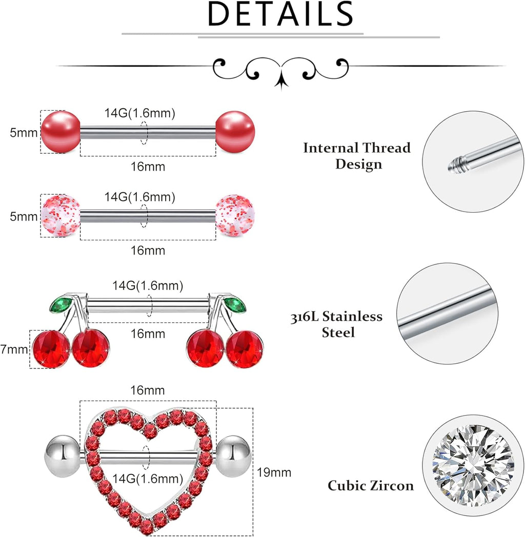 Nipple Piercing Jewelry Nipple Rings Surgical Steel 14 Gauge Nipple Piercing Nipple Jewelry 316L Stainless Steel Heart Cherry Nipple Barbell CZ Cute Nipple Rings Set - QIAO CrystalQIAO CrystalQIAO Crystal