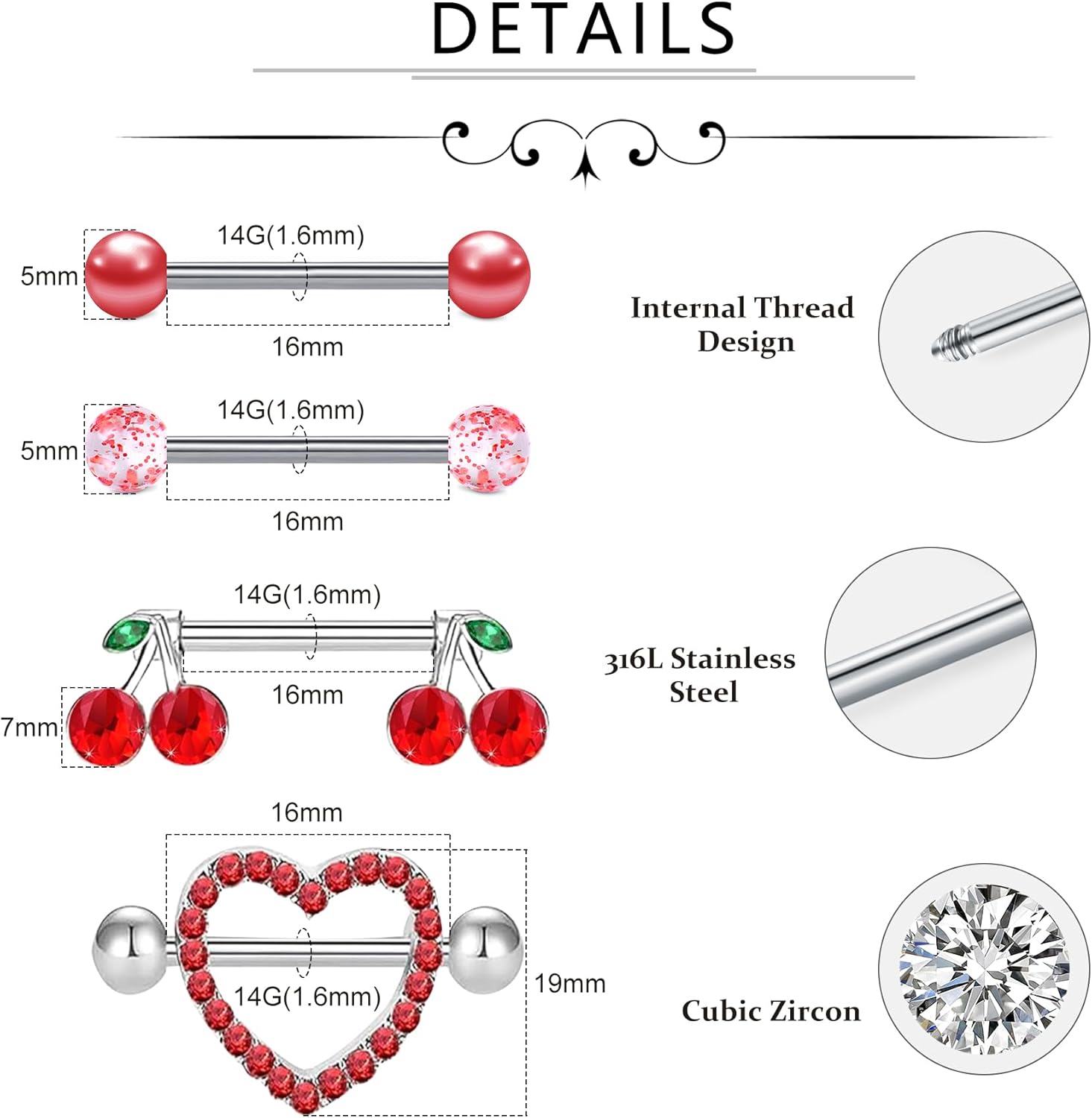 Nipple Piercing Jewelry Nipple Rings Surgical Steel 14 Gauge Nipple Piercing Nipple Jewelry 316L Stainless Steel Heart Cherry Nipple Barbell CZ Cute Nipple Rings Set - QIAO CrystalQIAO CrystalQIAO Crystal