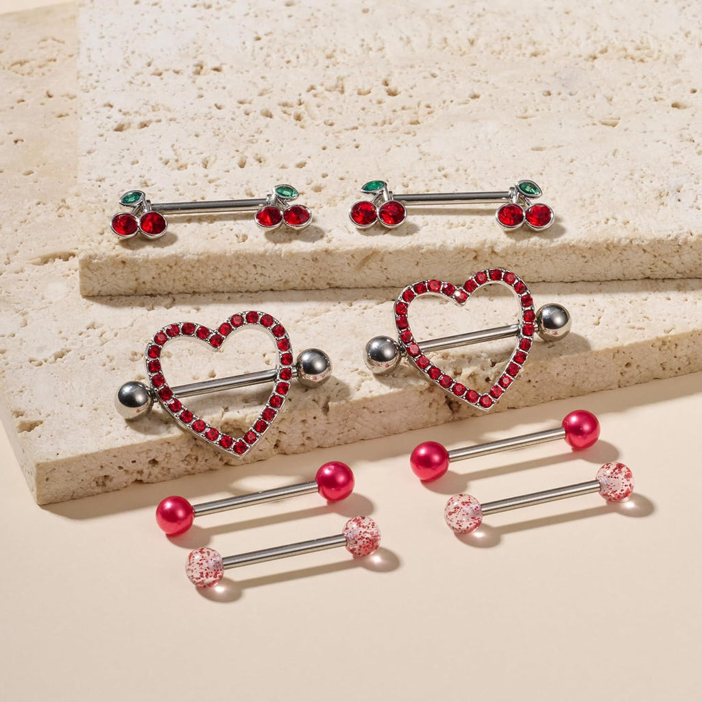 Nipple Piercing Jewelry Nipple Rings Surgical Steel 14 Gauge Nipple Piercing Nipple Jewelry 316L Stainless Steel Heart Cherry Nipple Barbell CZ Cute Nipple Rings Set - QIAO CrystalQIAO CrystalQIAO Crystal
