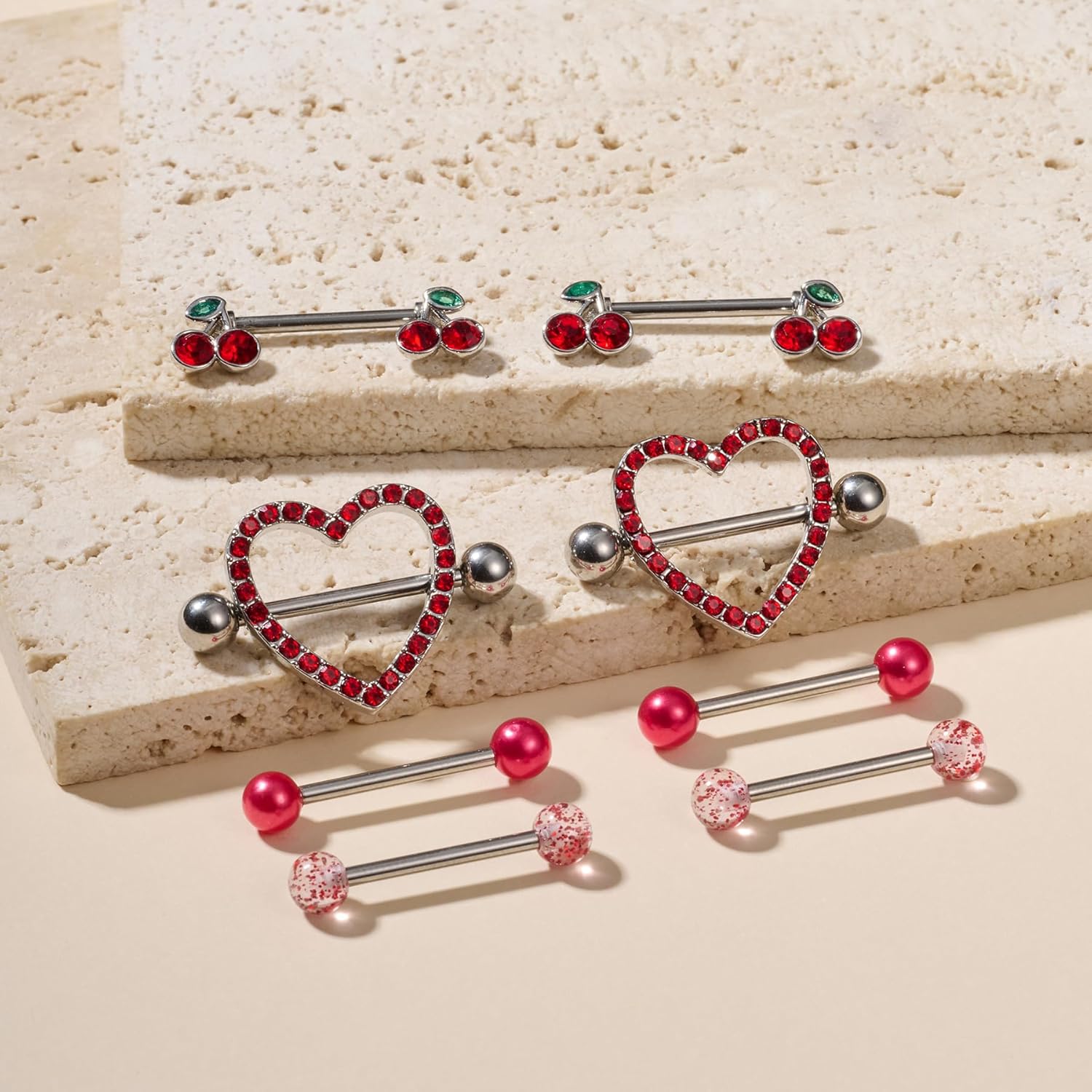 Nipple Piercing Jewelry Nipple Rings Surgical Steel 14 Gauge Nipple Piercing Nipple Jewelry 316L Stainless Steel Heart Cherry Nipple Barbell CZ Cute Nipple Rings Set - QIAO CrystalQIAO CrystalQIAO Crystal