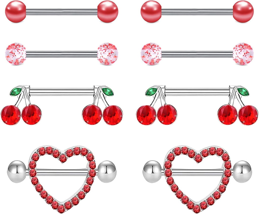 Nipple Piercing Jewelry Nipple Rings Surgical Steel 14 Gauge Nipple Piercing Nipple Jewelry 316L Stainless Steel Heart Cherry Nipple Barbell CZ Cute Nipple Rings Set - QIAO CrystalQIAO CrystalQIAO Crystal