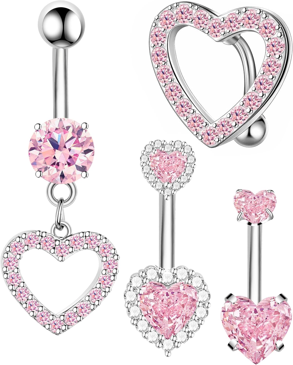 Nipple Ring and Belly Button Ring Set 14G Stainless Steel Sparkly Pink CZ Heart Bar Barbell Nipple Belly Piercing Body Jewelry - QIAO CrystalQIAO CrystalQIAO Crystal