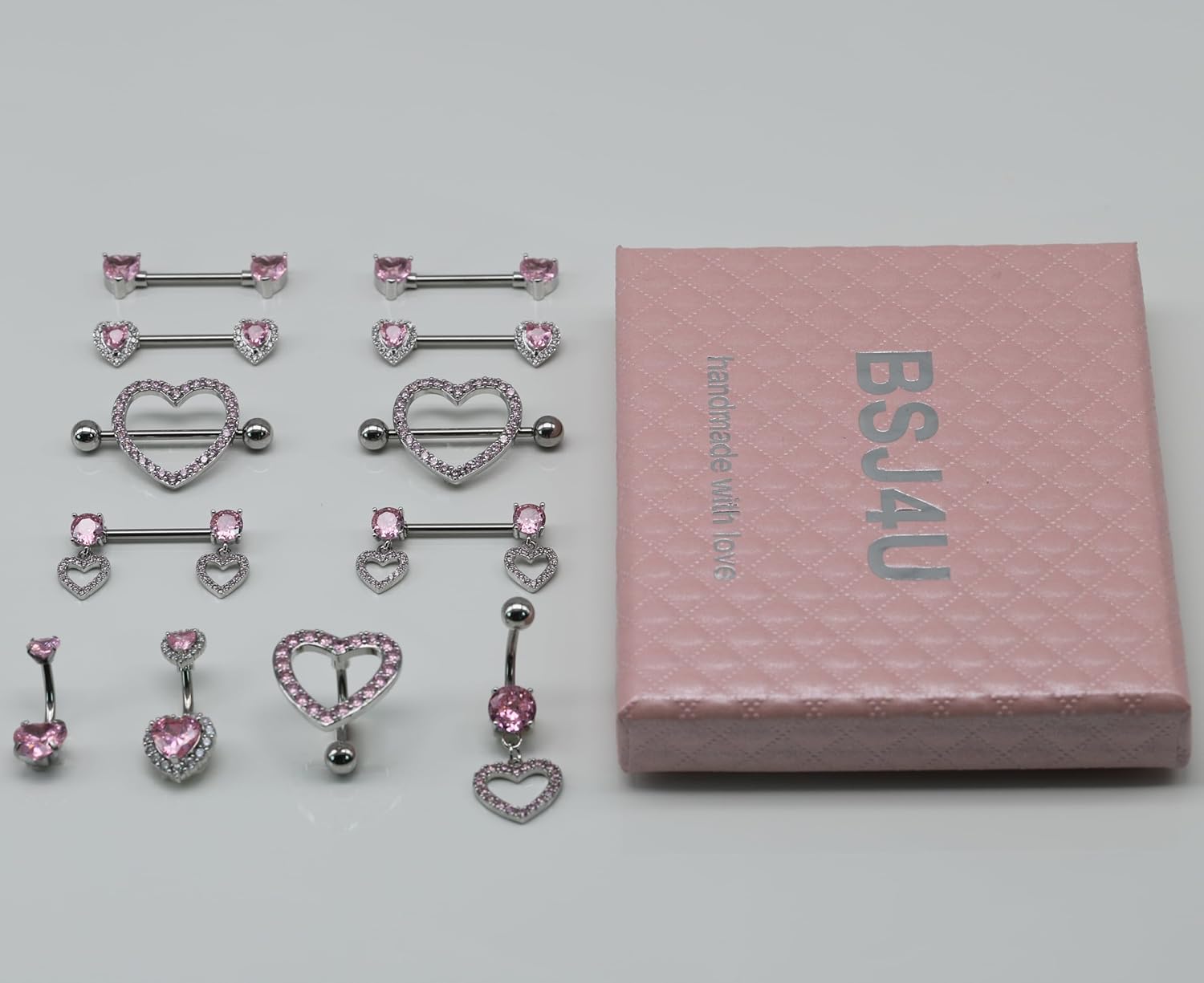 Nipple Ring and Belly Button Ring Set 14G Stainless Steel Sparkly Pink CZ Heart Bar Barbell Nipple Belly Piercing Body Jewelry - QIAO CrystalQIAO CrystalQIAO Crystal