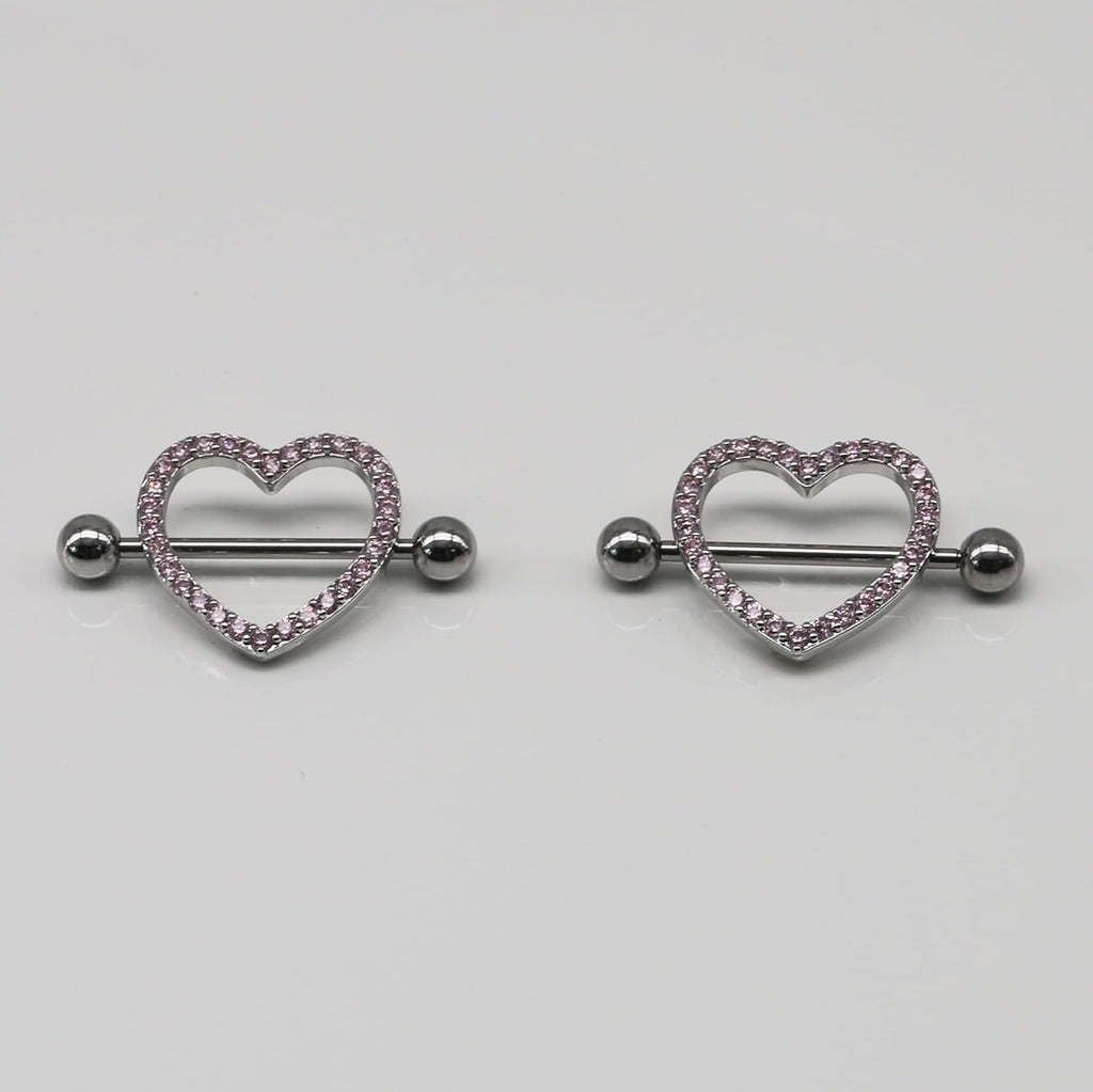 Nipple Ring and Belly Button Ring Set 14G Stainless Steel Sparkly Pink CZ Heart Bar Barbell Nipple Belly Piercing Body Jewelry - QIAO CrystalQIAO CrystalQIAO Crystal