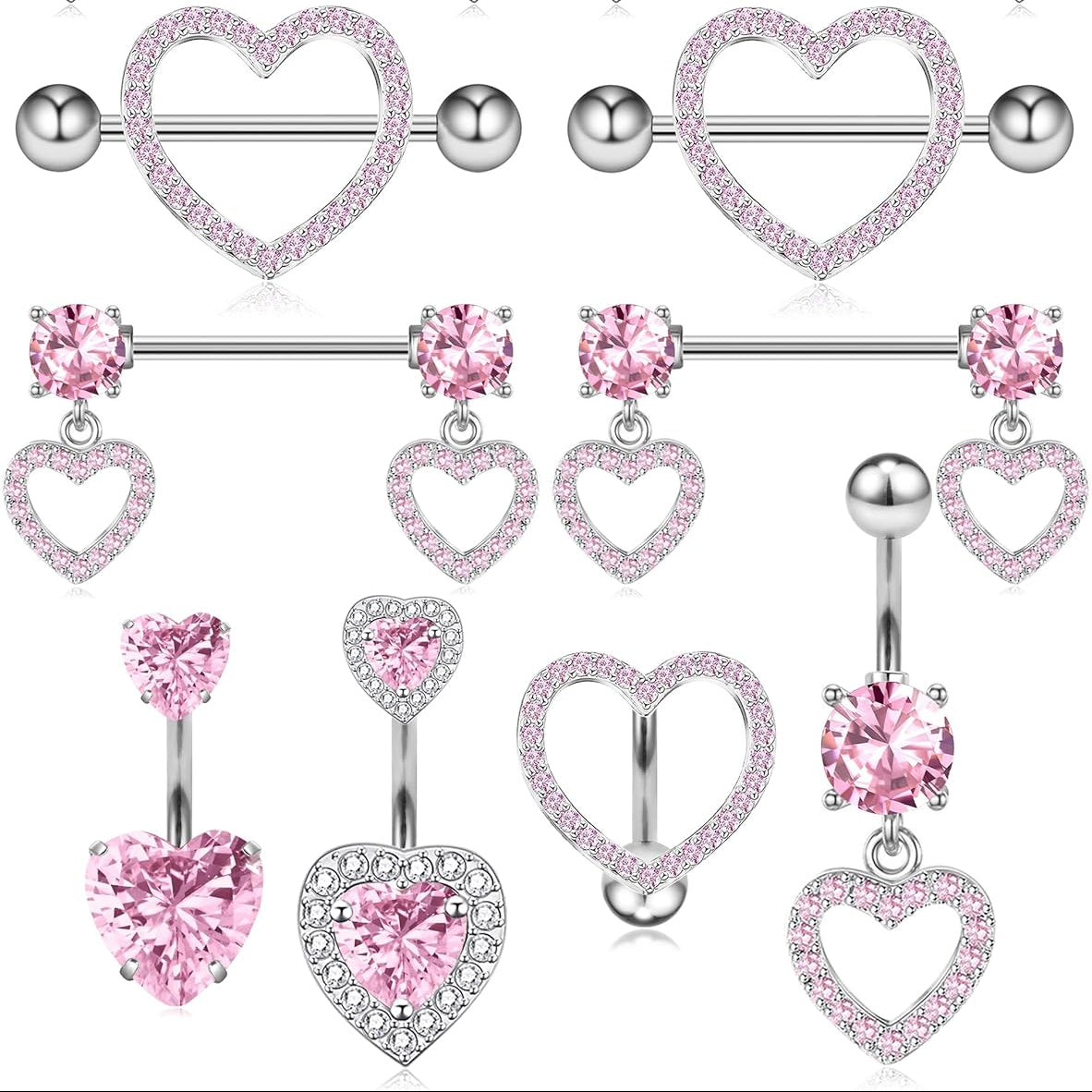 Nipple Ring and Belly Button Ring Set 14G Stainless Steel Sparkly Pink CZ Heart Bar Barbell Nipple Belly Piercing Body Jewelry - QIAO CrystalQIAO CrystalQIAO Crystal