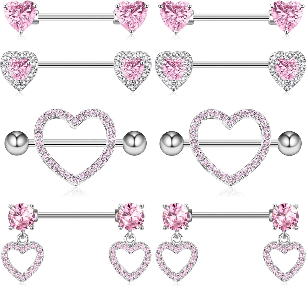 Nipple Ring and Belly Button Ring Set 14G Stainless Steel Sparkly Pink CZ Heart Bar Barbell Nipple Belly Piercing Body Jewelry - QIAO CrystalQIAO CrystalQIAO Crystal