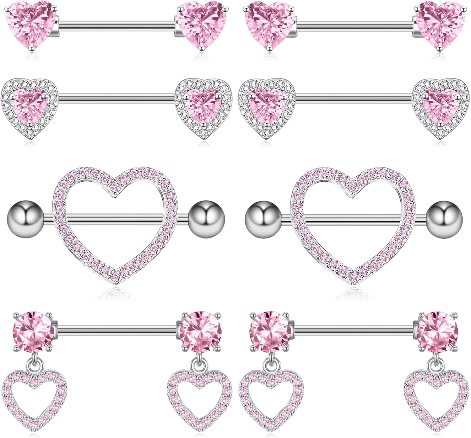Nipple Ring and Belly Button Ring Set 14G Stainless Steel Sparkly Pink CZ Heart Bar Barbell Nipple Belly Piercing Body Jewelry - QIAO CrystalQIAO CrystalQIAO Crystal