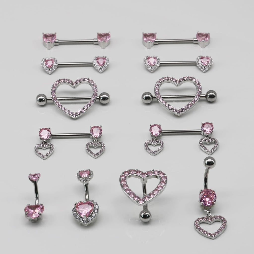 Nipple Ring and Belly Button Ring Set 14G Stainless Steel Sparkly Pink CZ Heart Bar Barbell Nipple Belly Piercing Body Jewelry - QIAO CrystalQIAO CrystalQIAO Crystal