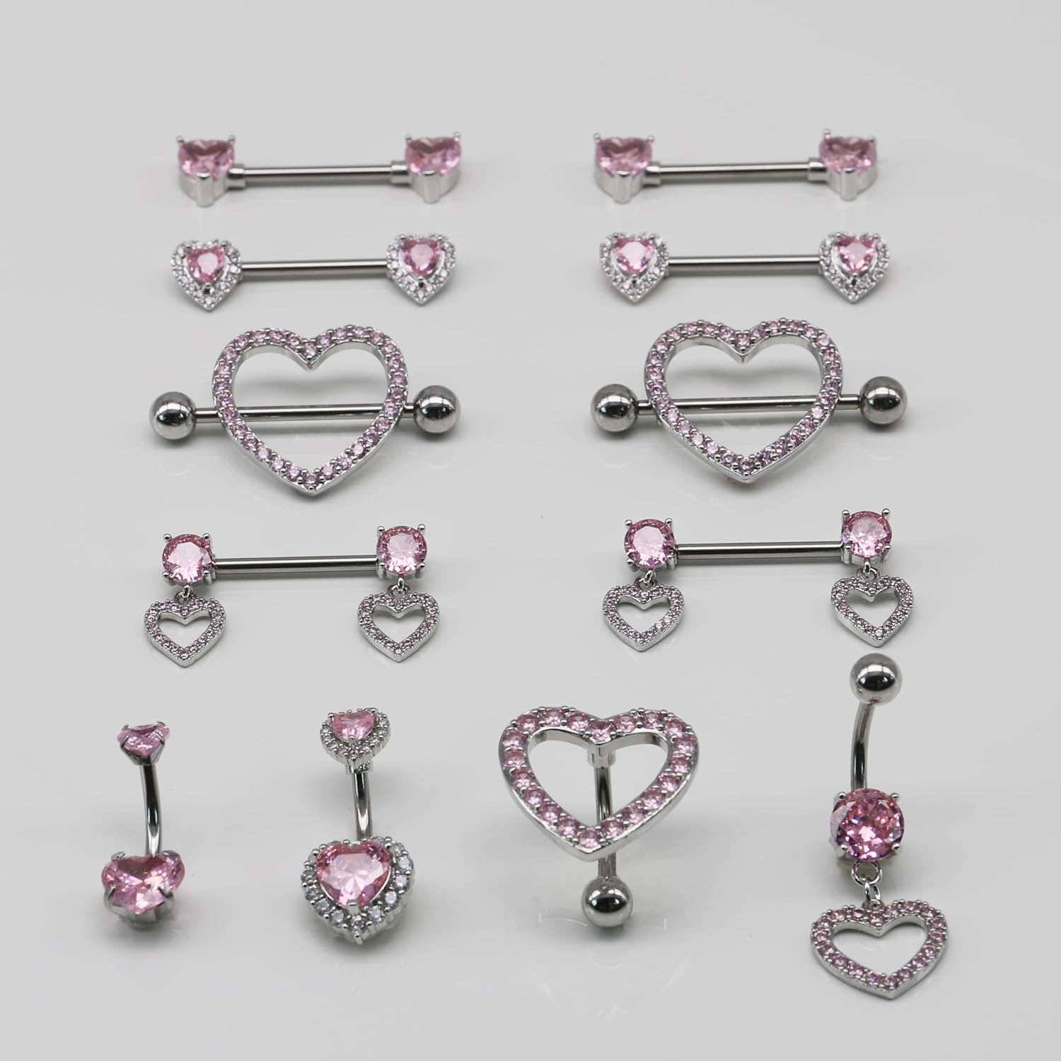 Nipple Ring and Belly Button Ring Set 14G Stainless Steel Sparkly Pink CZ Heart Bar Barbell Nipple Belly Piercing Body Jewelry - QIAO CrystalQIAO CrystalQIAO Crystal