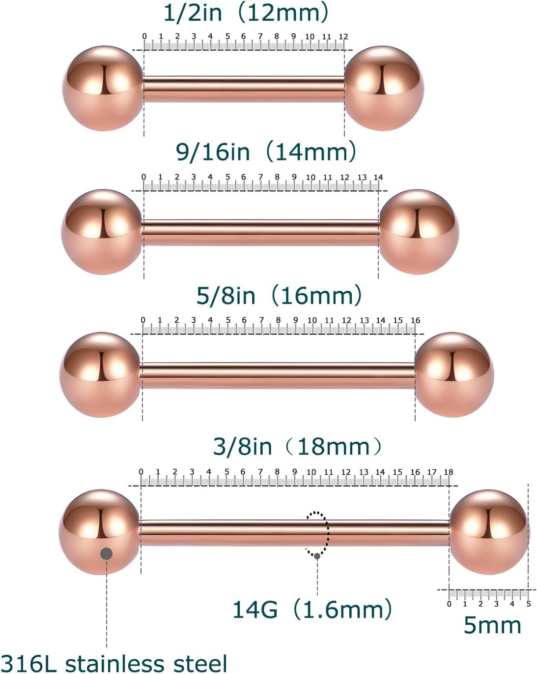 Nipple Rings Tongue Rings Stainless Steel 14G Straight Barbells Piercing Jewelry 12mm,14mm,16mm,18mm - QIAO CrystalQIAO CrystalQIAO Crystal