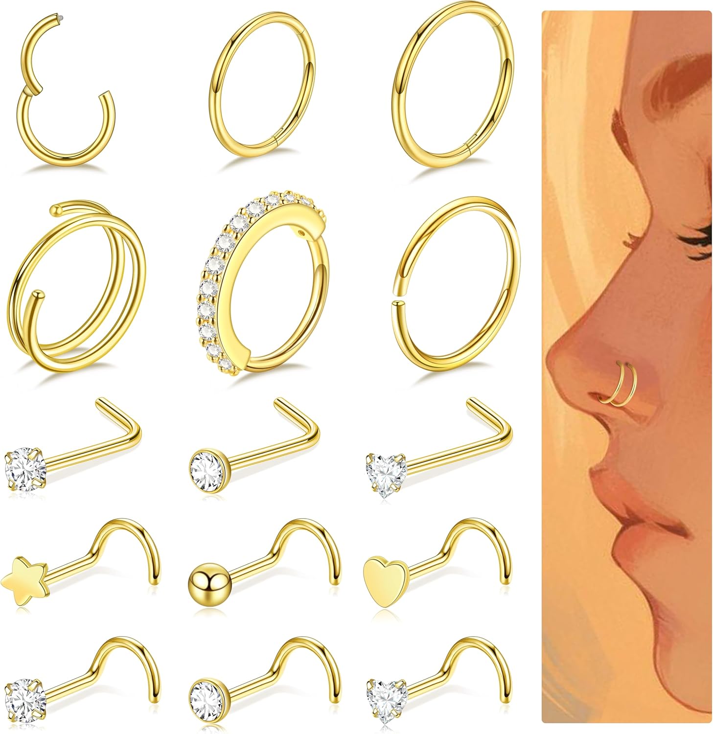 Nose Piercings Studs Hoop Nose Rings for Women Gold Plated - QIAO CrystalQIAO CrystalQIAO Crystal
