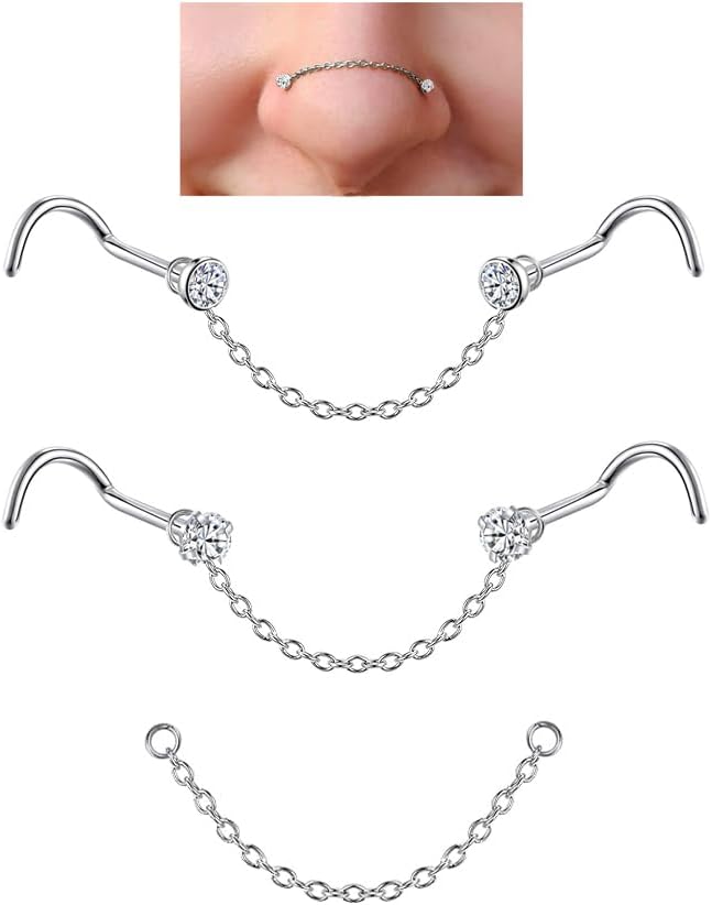 Nose Rings Chain Studs Piercings Jewelry for Women Men 18G 20G G23 Titanium Across Nostril Jewelry - QIAO CrystalQIAO CrystalQIAO Crystal
