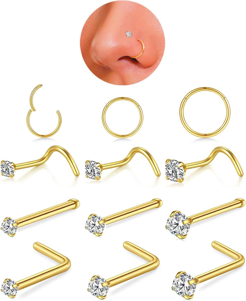 Nose Rings Hoop and Nose Studs Sets for Women Men,Hypoallergenic 316L Surgical Stainless Steel Hinged Clicker Segment Nose Rings Hoop Helix Cartilage Daith Tragus Sleeper Earrings Silver Gold Black L Shape/Corkscrew/Straight Nose Studs Real Body Piercing - QIAO CrystalQIAO CrystalQIAO Crystal