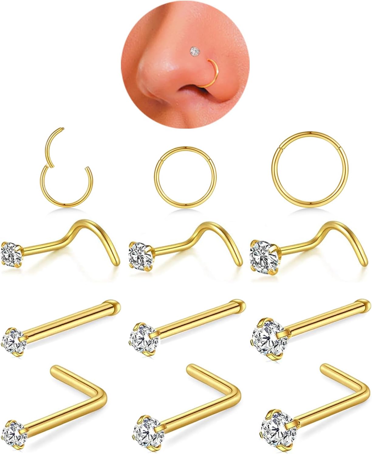 Nose Rings Hoop and Nose Studs Sets for Women Men,Hypoallergenic 316L Surgical Stainless Steel Hinged Clicker Segment Nose Rings Hoop Helix Cartilage Daith Tragus Sleeper Earrings Silver Gold Black L Shape/Corkscrew/Straight Nose Studs Real Body Piercing - QIAO CrystalQIAO CrystalQIAO Crystal