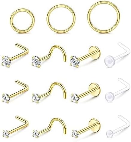 Nose Rings Hoop and Nose Studs Sets for Women Men,Hypoallergenic 316L Surgical Stainless Steel Hinged Clicker Segment Nose Rings Hoop Helix Cartilage Daith Tragus Sleeper Earrings Silver Gold Black L Shape/Corkscrew/Straight Nose Studs Real Body Piercing - QIAO CrystalQIAO CrystalQIAO Crystal