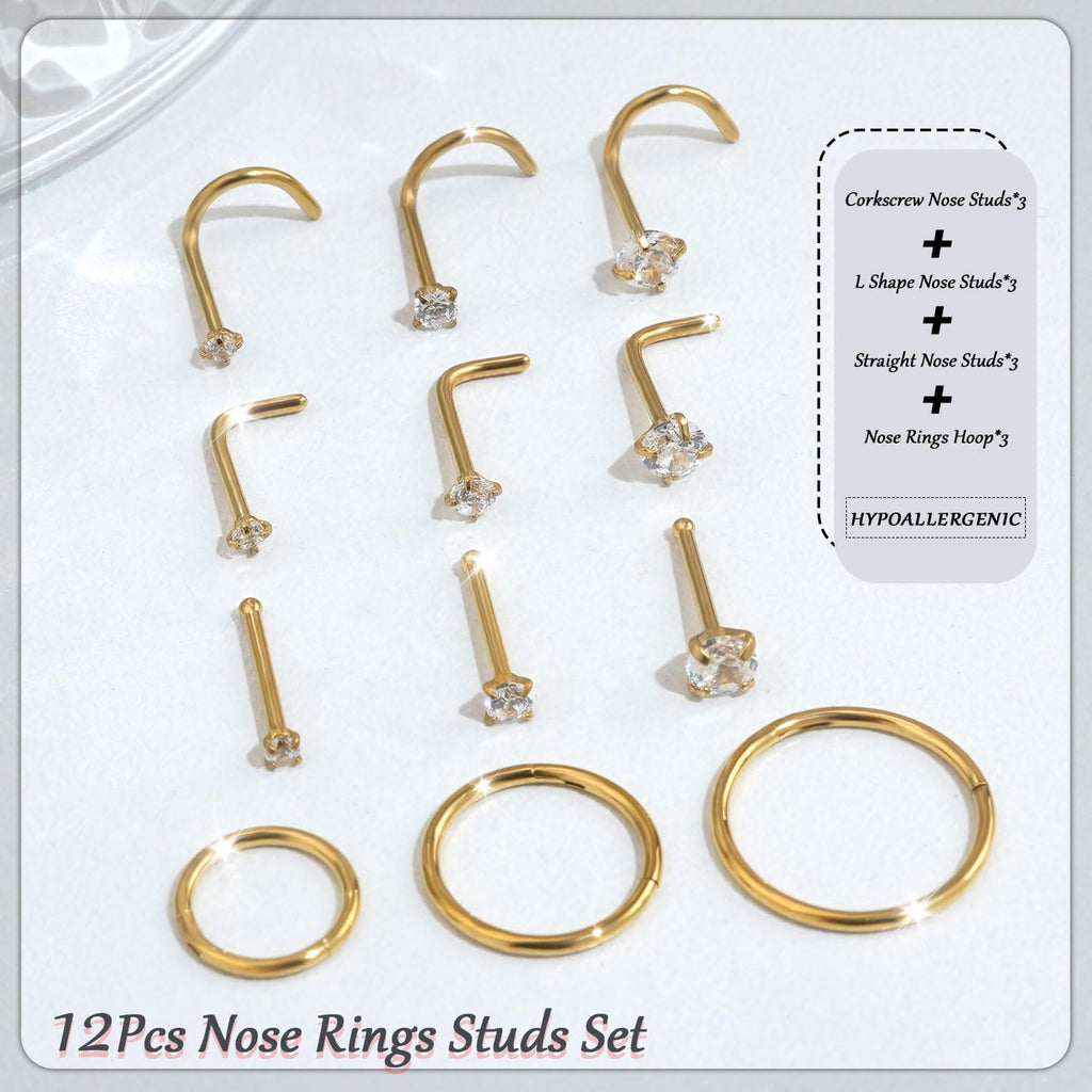 Nose Rings Hoop and Nose Studs Sets for Women Men,Hypoallergenic 316L Surgical Stainless Steel Hinged Clicker Segment Nose Rings Hoop Helix Cartilage Daith Tragus Sleeper Earrings Silver Gold Black L Shape/Corkscrew/Straight Nose Studs Real Body Piercing - QIAO CrystalQIAO CrystalQIAO Crystal