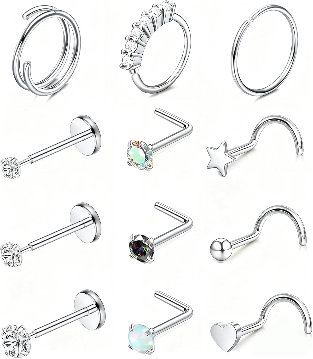 Nose Rings Hoop and Nose Studs Sets for Women Men,Hypoallergenic 316L Surgical Stainless Steel Hinged Clicker Segment Nose Rings Hoop Helix Cartilage Daith Tragus Sleeper Earrings Silver Gold Black L Shape/Corkscrew/Straight Nose Studs Real Body Piercing - QIAO CrystalQIAO CrystalQIAO Crystal