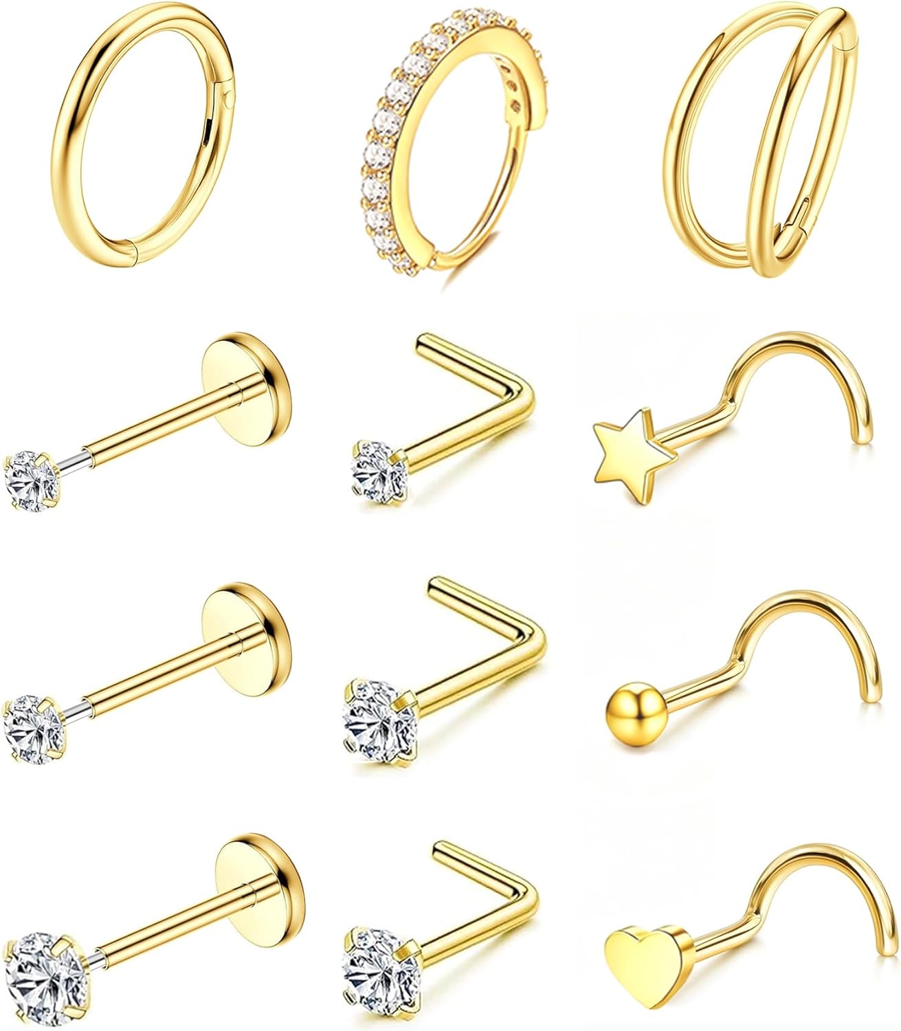 Nose Rings Hoop and Nose Studs Sets for Women Men,Hypoallergenic 316L Surgical Stainless Steel Hinged Clicker Segment Nose Rings Hoop Helix Cartilage Daith Tragus Sleeper Earrings Silver Gold Black L Shape/Corkscrew/Straight Nose Studs Real Body Piercing - QIAO CrystalQIAO CrystalQIAO Crystal